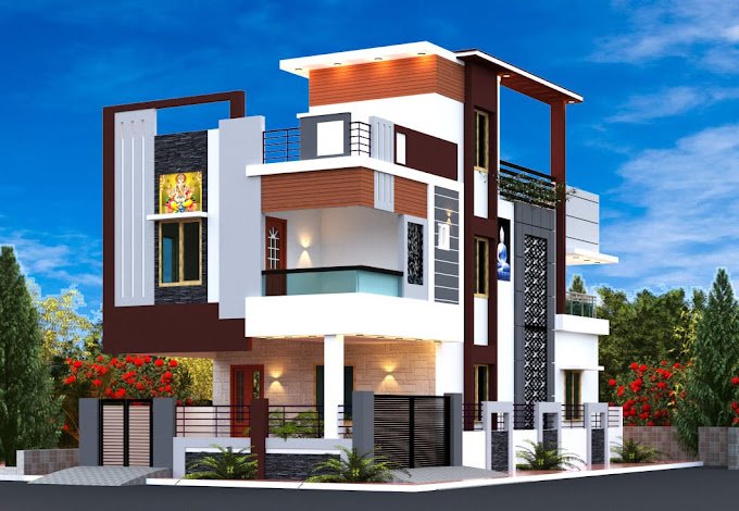 Modern three-story house with a mix of brown, white, and grey elements, glass balcony, and surrounding greenery.