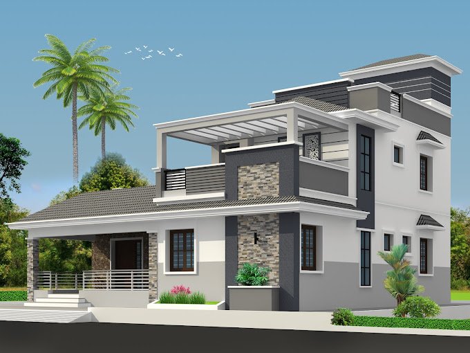 Modern two-story house with gray accents, balcony, and palm trees in the background under a blue sky.