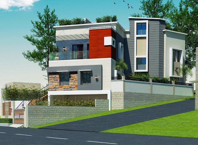 Modern two-story house with large windows and a sloped lawn, surrounded by greenery and set against a clear sky.