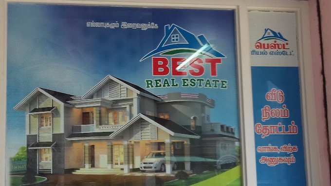 Promotional poster for "Best Real Estate" featuring a modern house design and text in Tamil promoting real estate services.